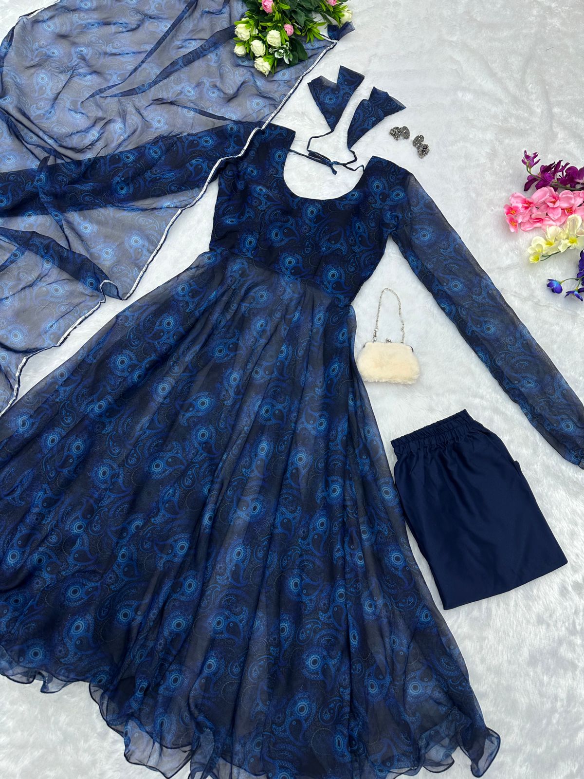 Trendy Navy Blue Color Printed Anarkali Suit