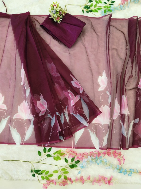 Ready To Wear Organza Silk Wine Color Saree