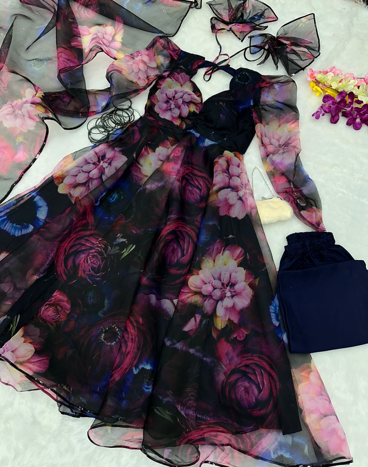Organza Silk Navy Blue Color Multi Color Print Anarkali Suit