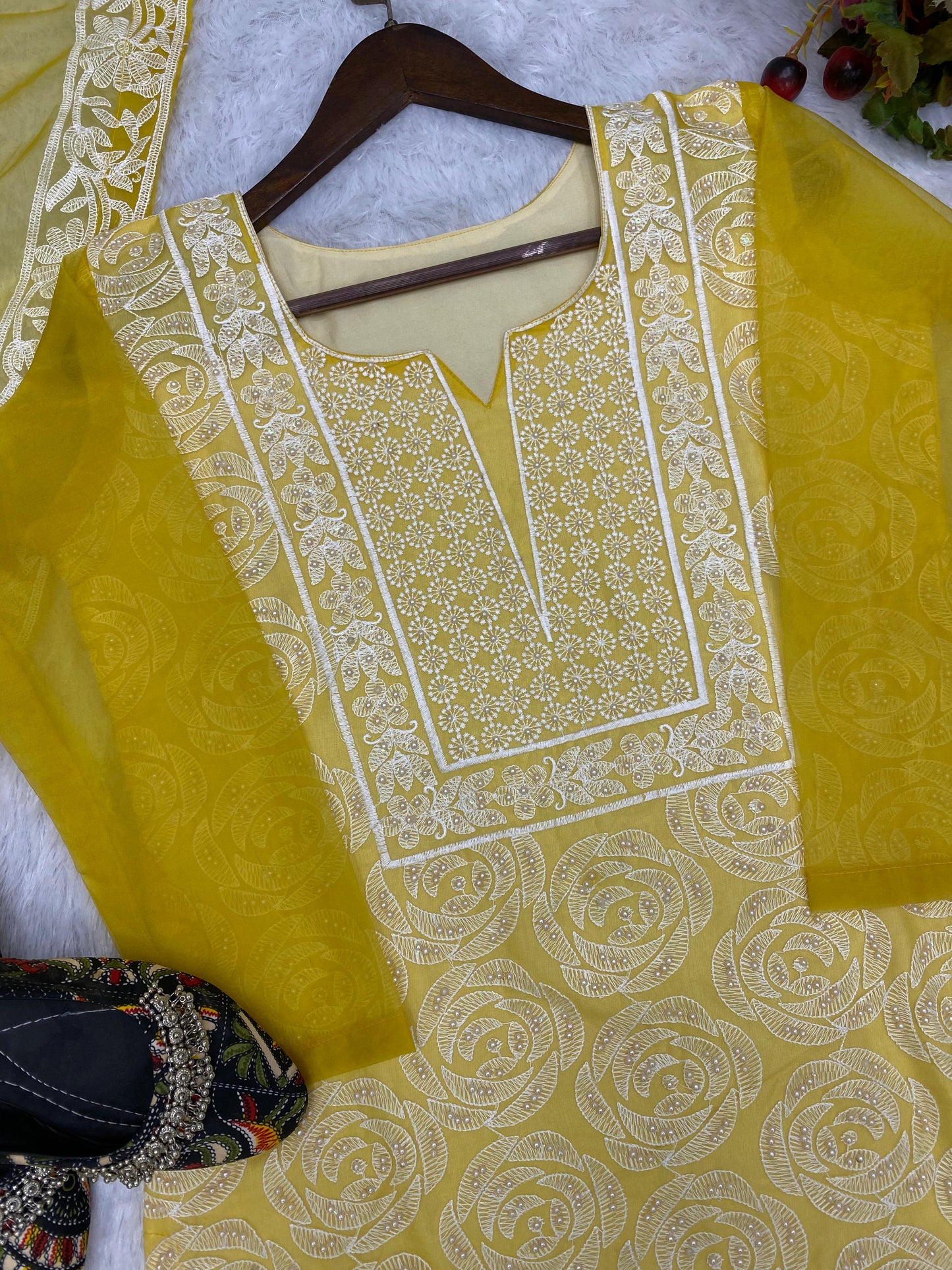 Yellow Color Organza Thread And Moti Work Salwar Suit