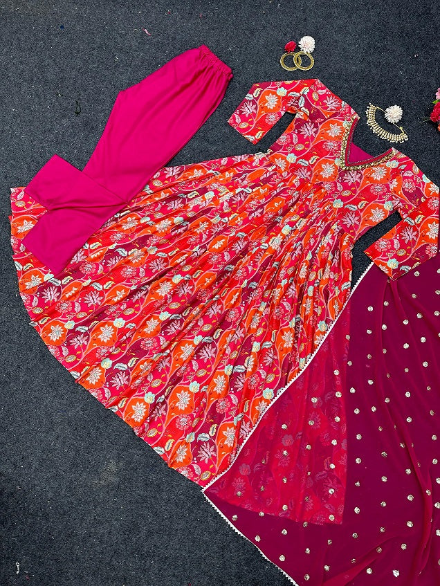Presenting Multi Design Pink Color Anarkali Suit