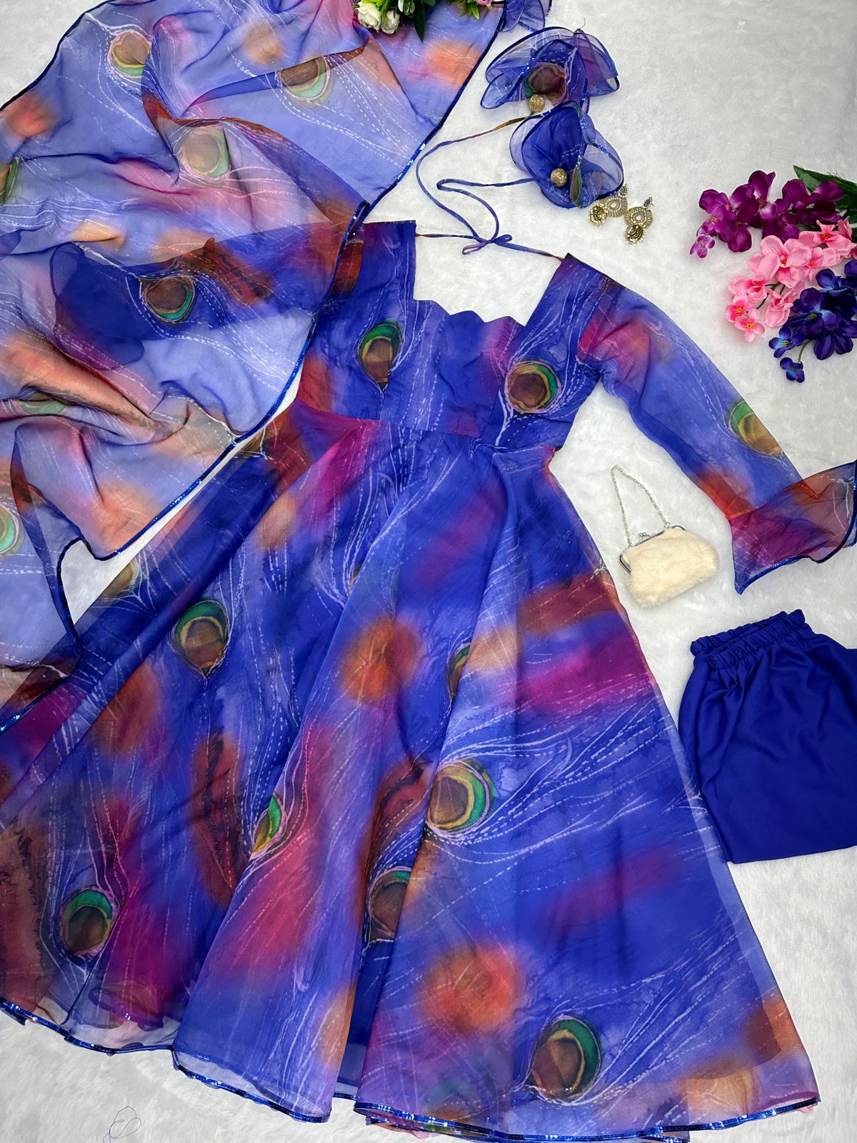 Feather Print Blue Color Organza Silk Anarkali Suit