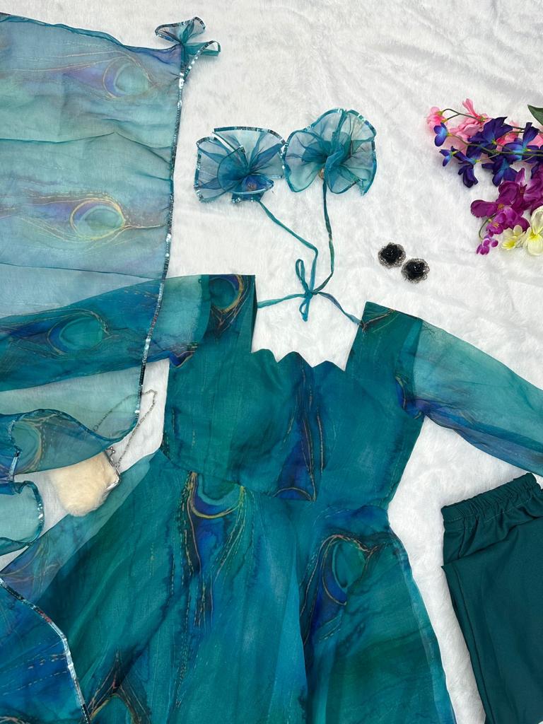 Feather Print Teal Blue Color Organza Silk Anarkali Suit
