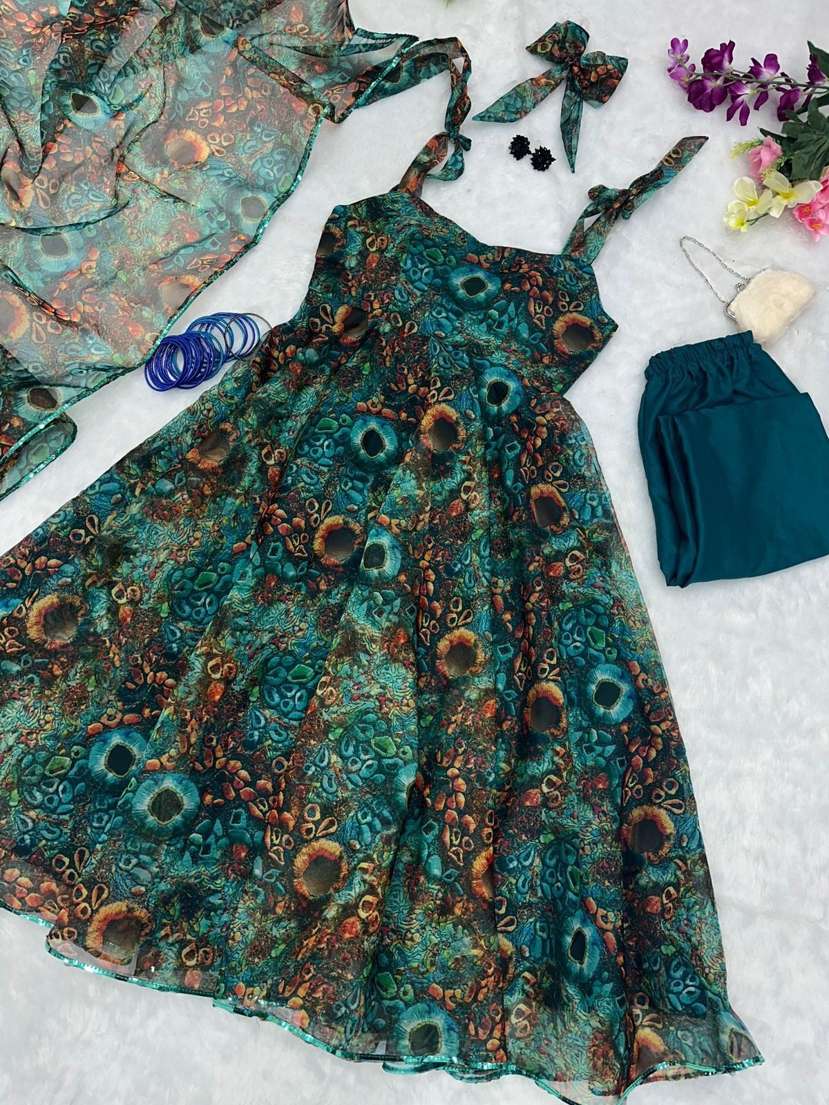 Dark Green Color Printed Organza Anarkali Suit