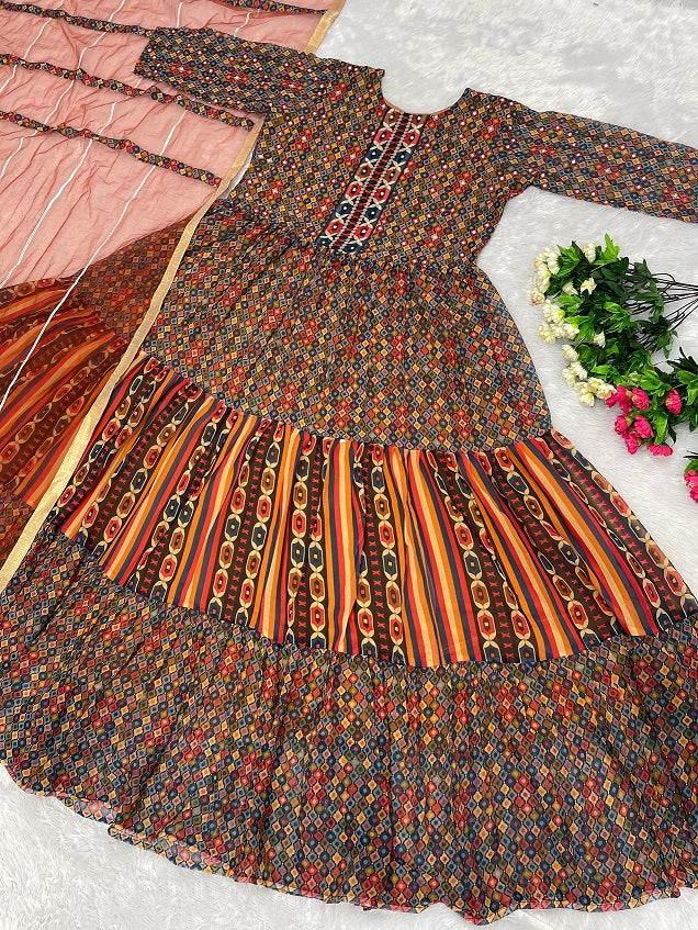 Stylish Printed Multi Color Gown With Dupatta
