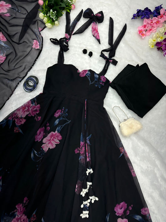Stylish Black Color Printed Sleeveless Gown With Dupatta