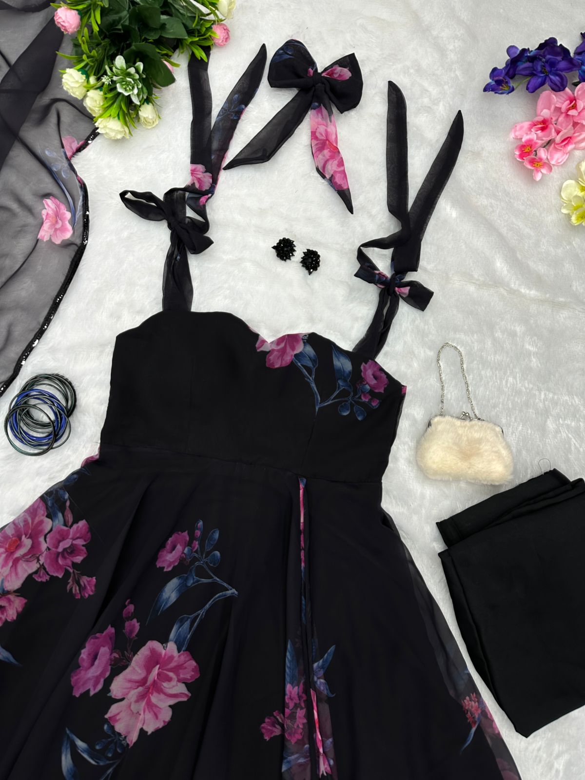 Flower Print Black Color Sleeveless Gown With Dupatta
