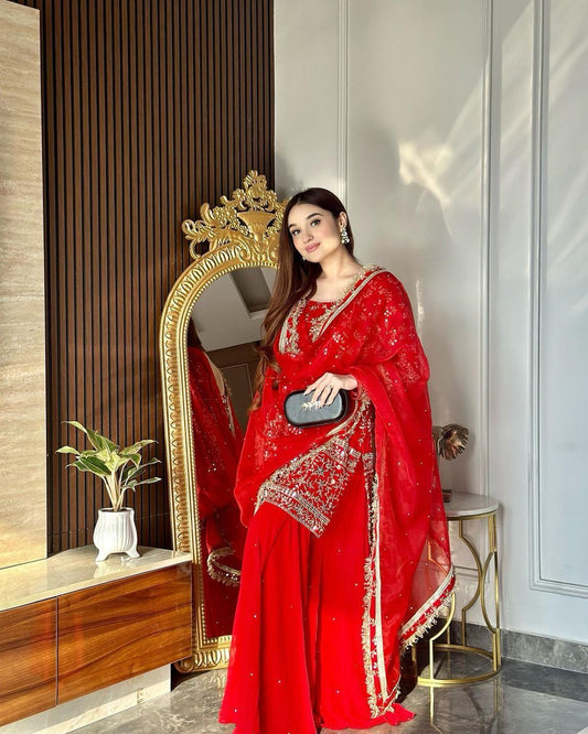 Amazing Red Embroidery Sequence Work Sharara Suit