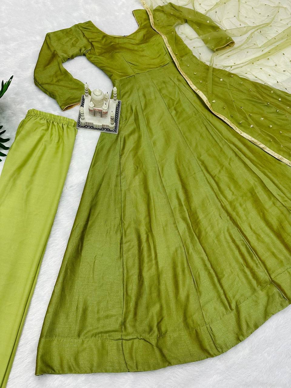 Pista Color Plain Gown With Work Net Dupatta