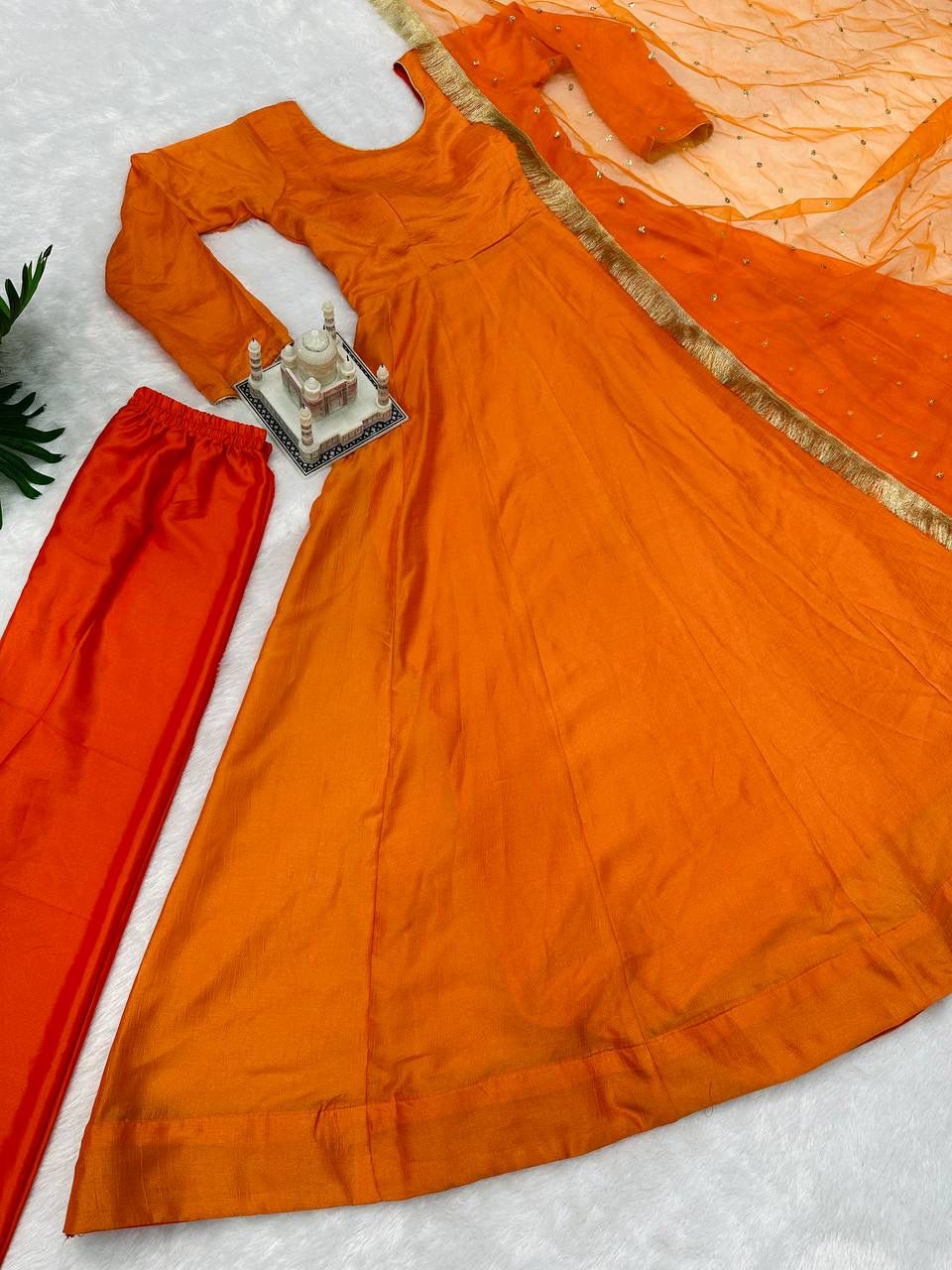 Orange Color Plain Gown With Work Net Dupatta