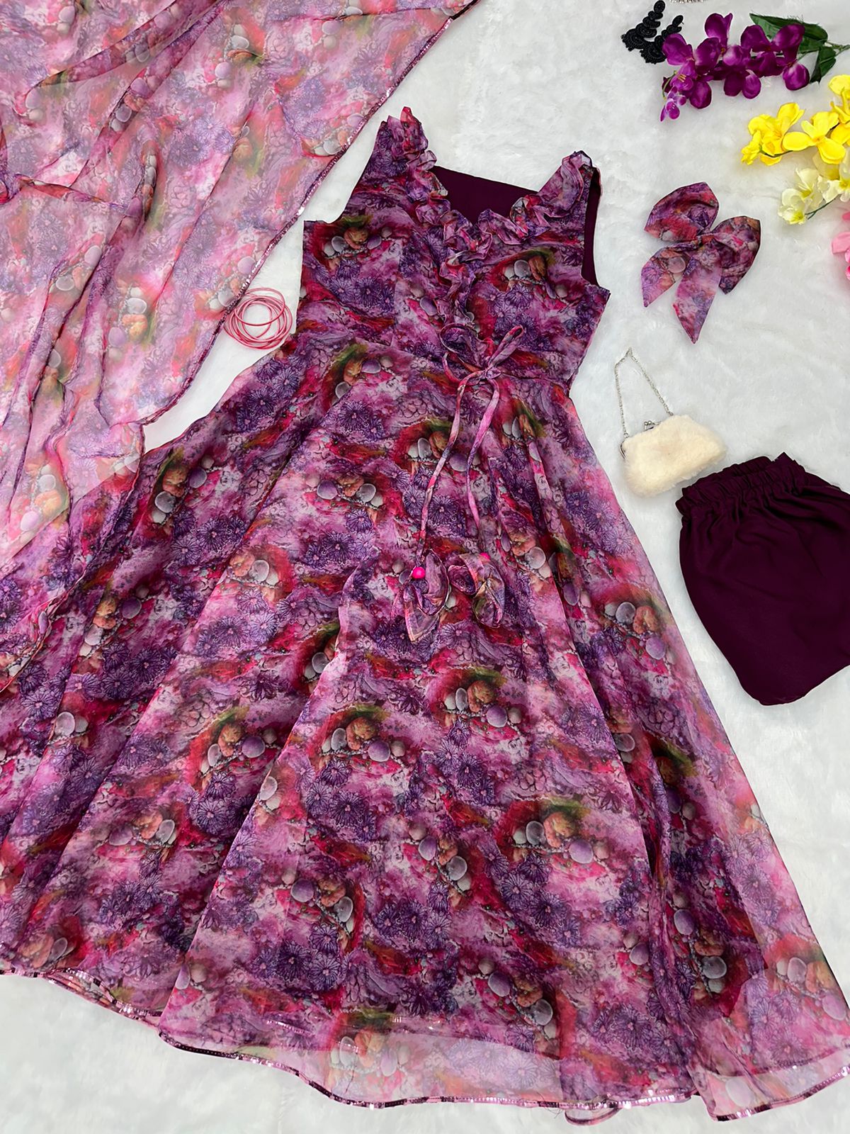 Party Wear Digital Printed Wine Color Anarkali Suit