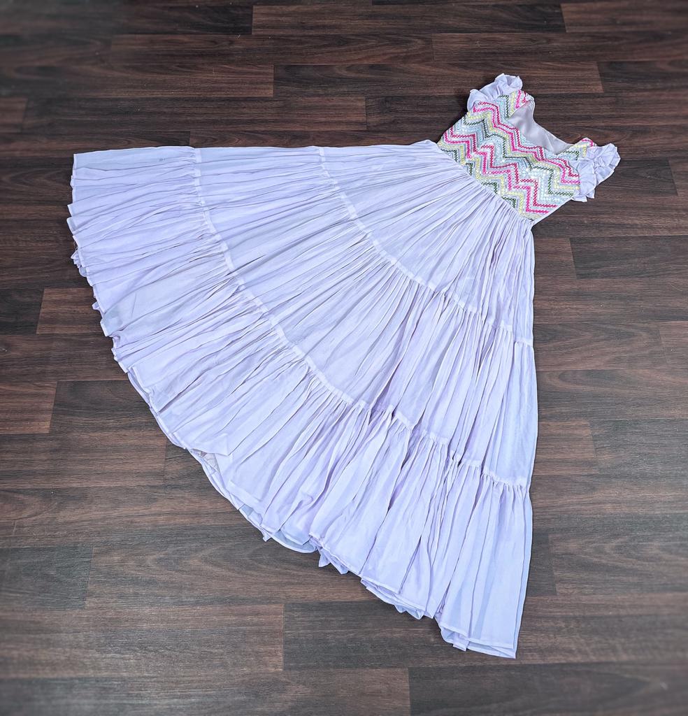 Elegant Lavender Color Multi Work Ruffle Gown