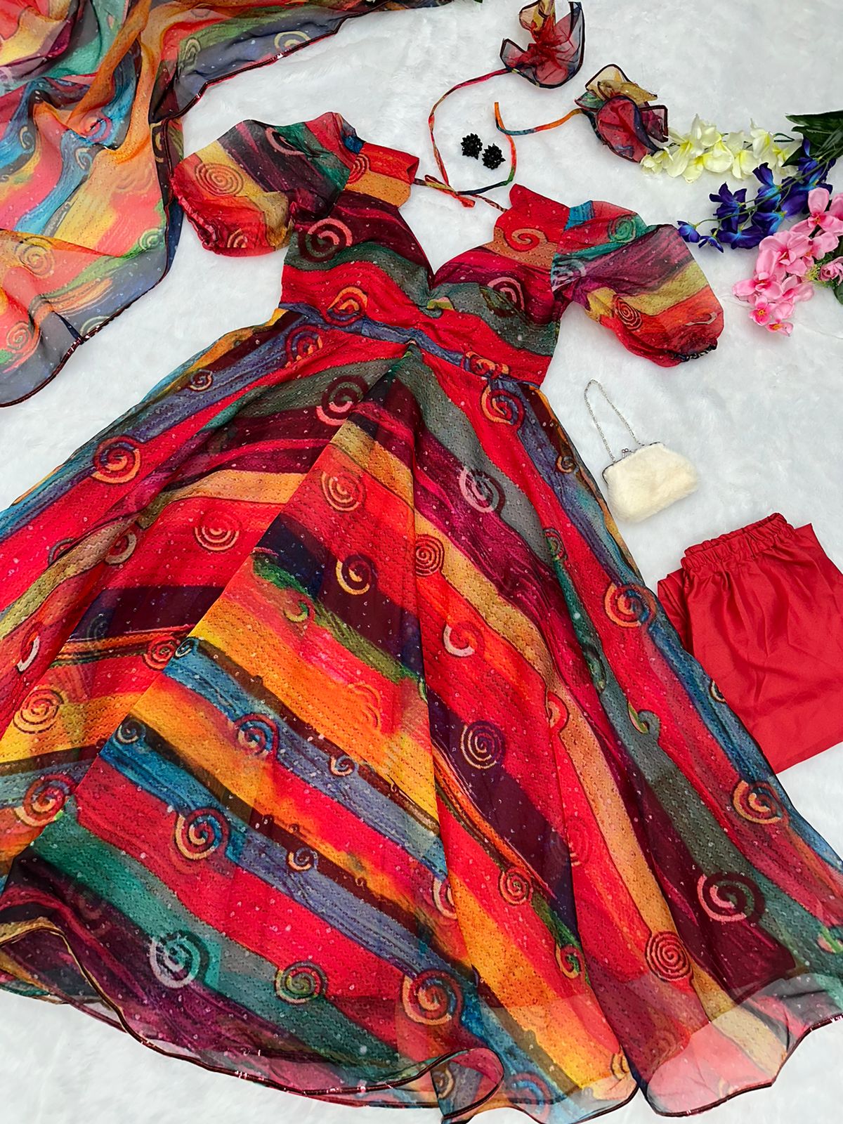 Printed Multi Color Organza Anarkali Gown