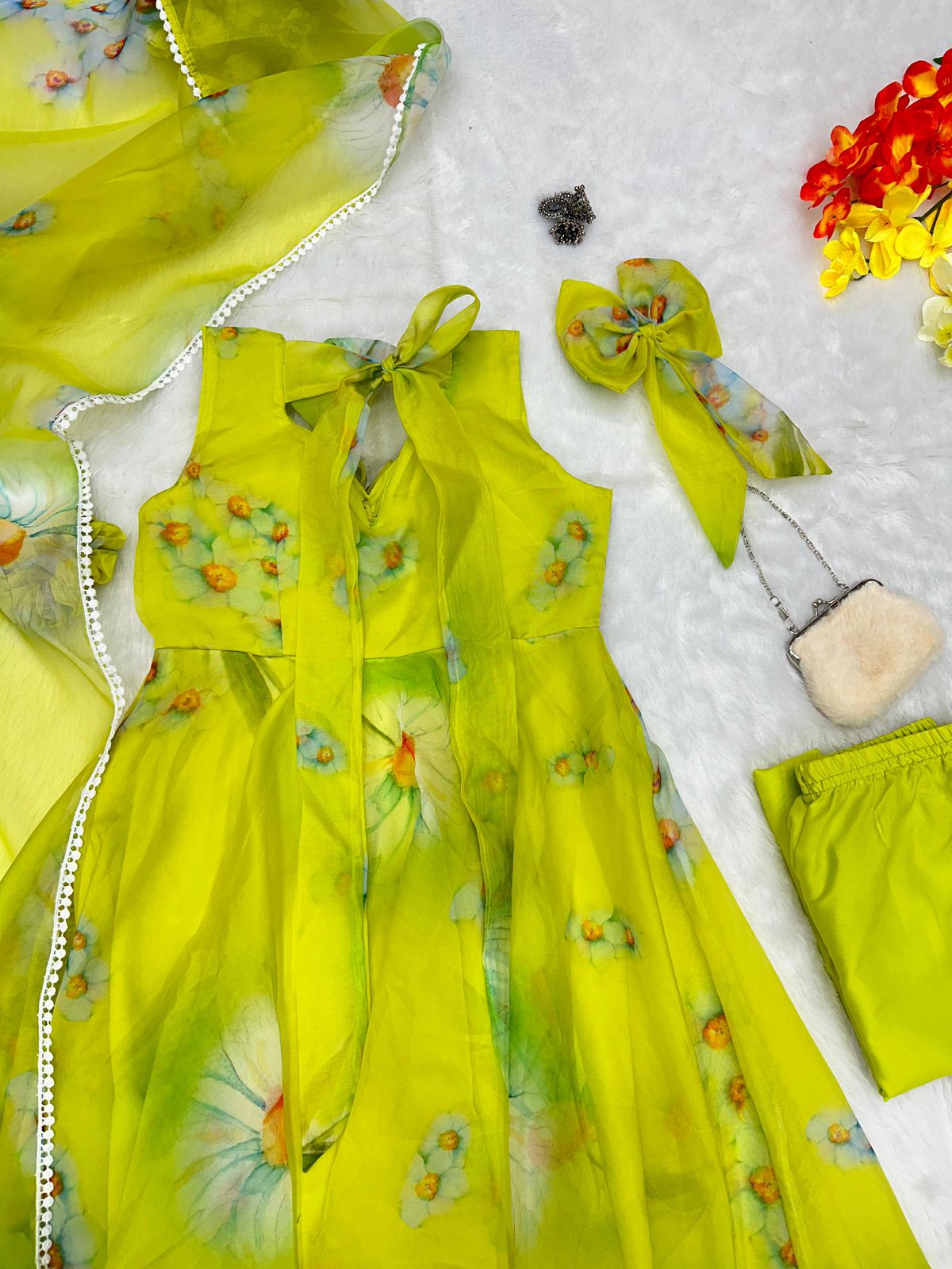 Lemon Green Color Printed Organza Pretty Anarkali Suit