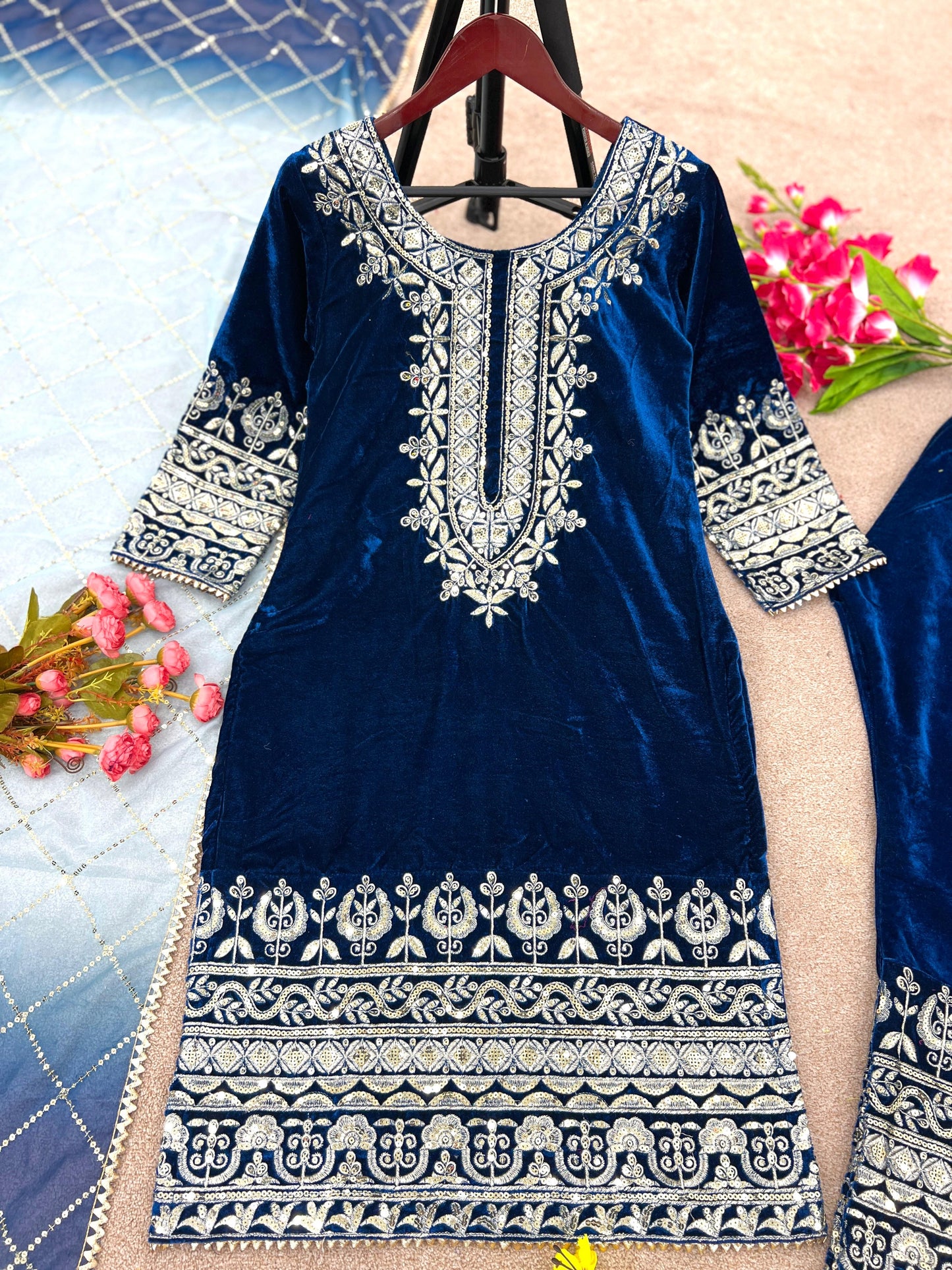 Elegant Viscose Velvet Embroidery sequence Work Sharawar Suit