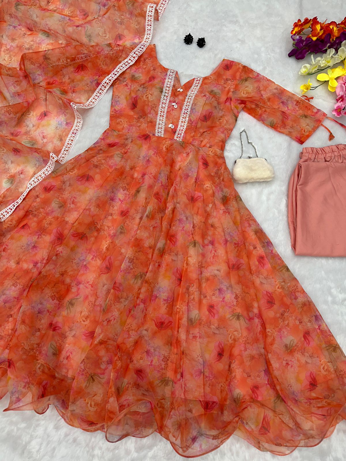 Good Looking Orange Color Organza Anarkali suit