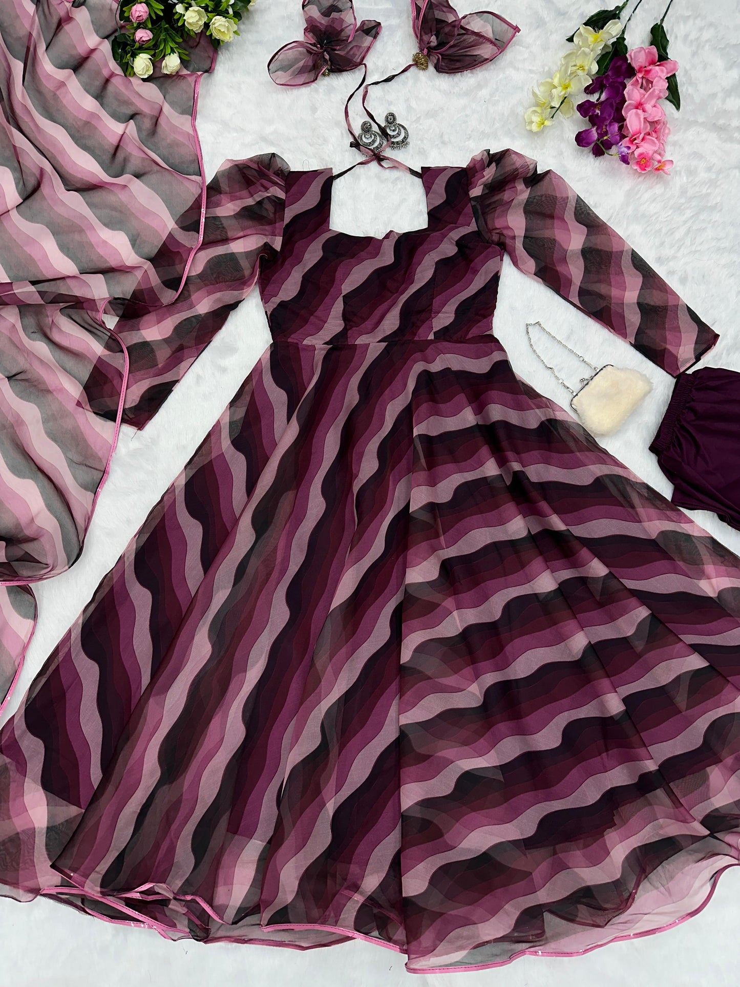Leheriya Printed Wine Color Organza Anarkali Suit