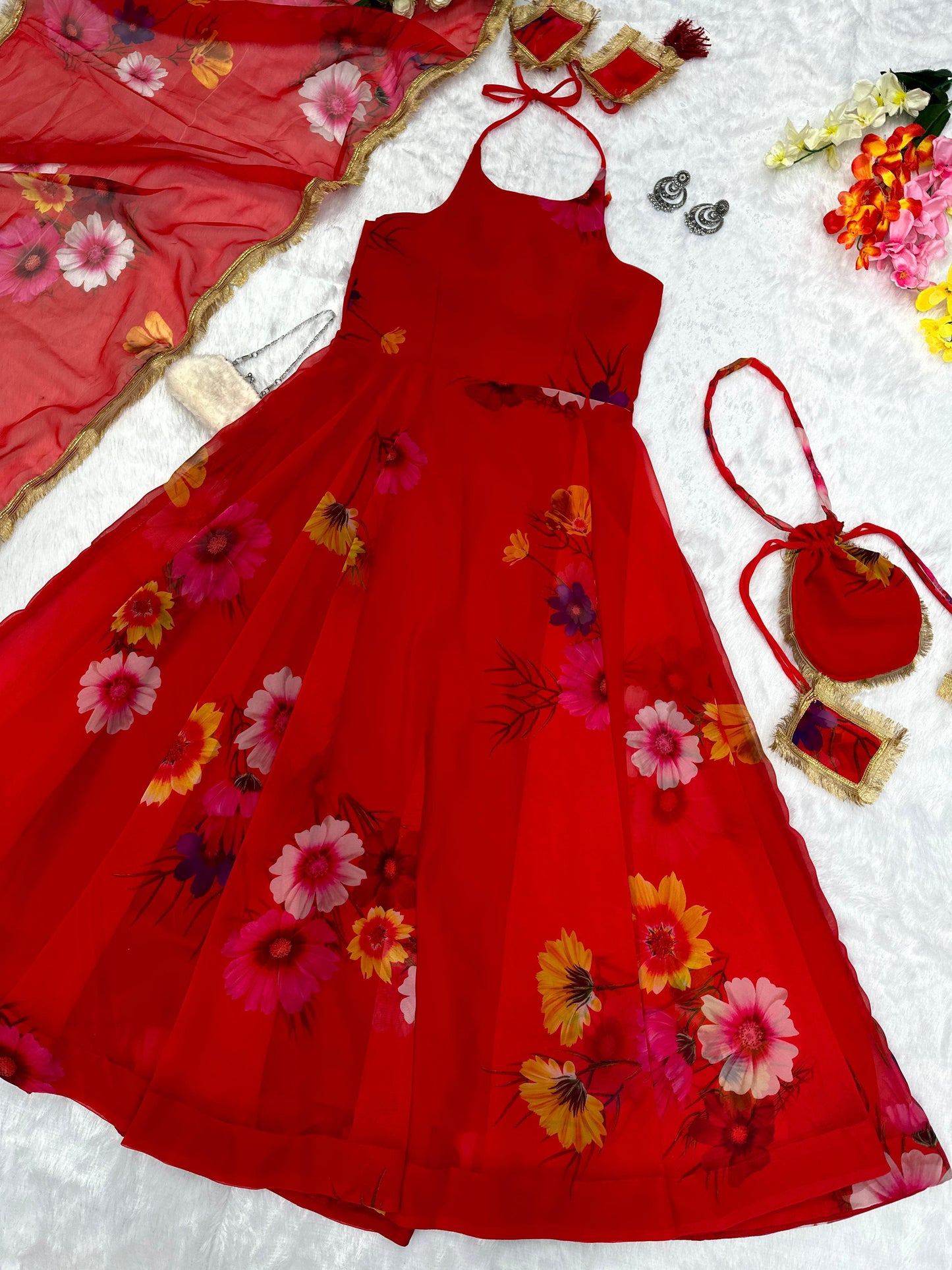 Fancy Neck Pattern Red Color Flower Printed Anarkali Gown