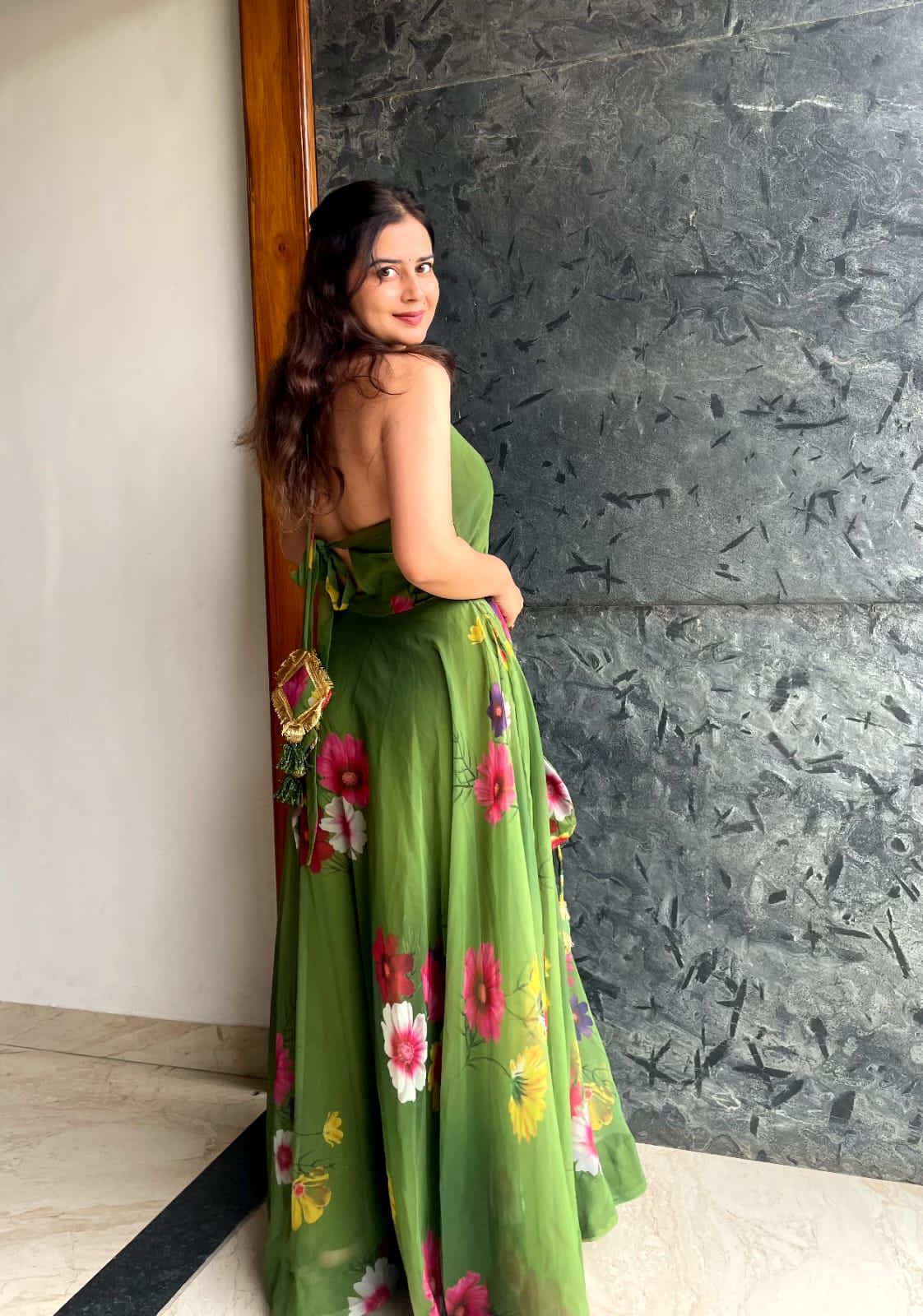 Fancy Neck Pattern Green Color Flower Printed Anarkali Gown