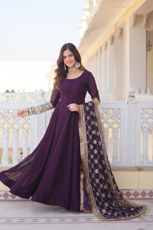 Outstanding Purple Color Sequins Embroidered Long Anarkali Gown