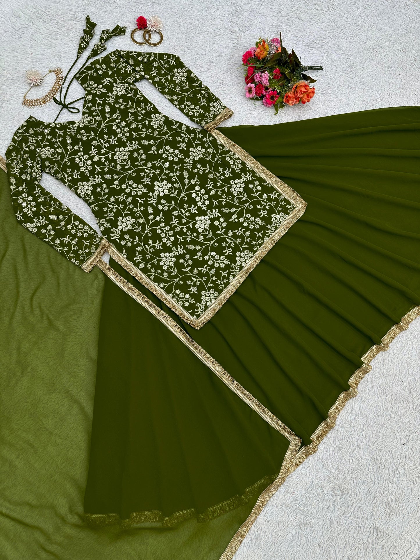 Mehndi Ceremony Wear Thread Work Top With Lehenga