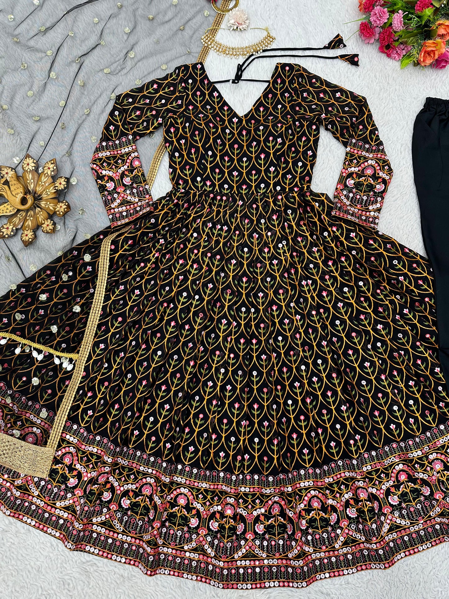 Terrific Black Color Thread Sequence Work Gown
