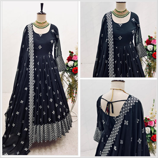 Fabulous Black Color Georgette Sequence Embroidery Work Gown