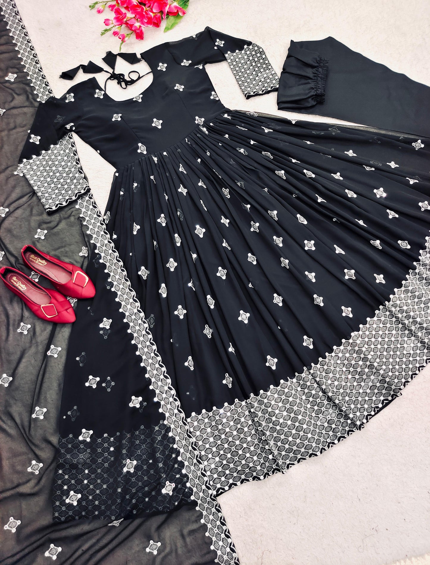 Terrific Thread Sequence Work Black Color Gown