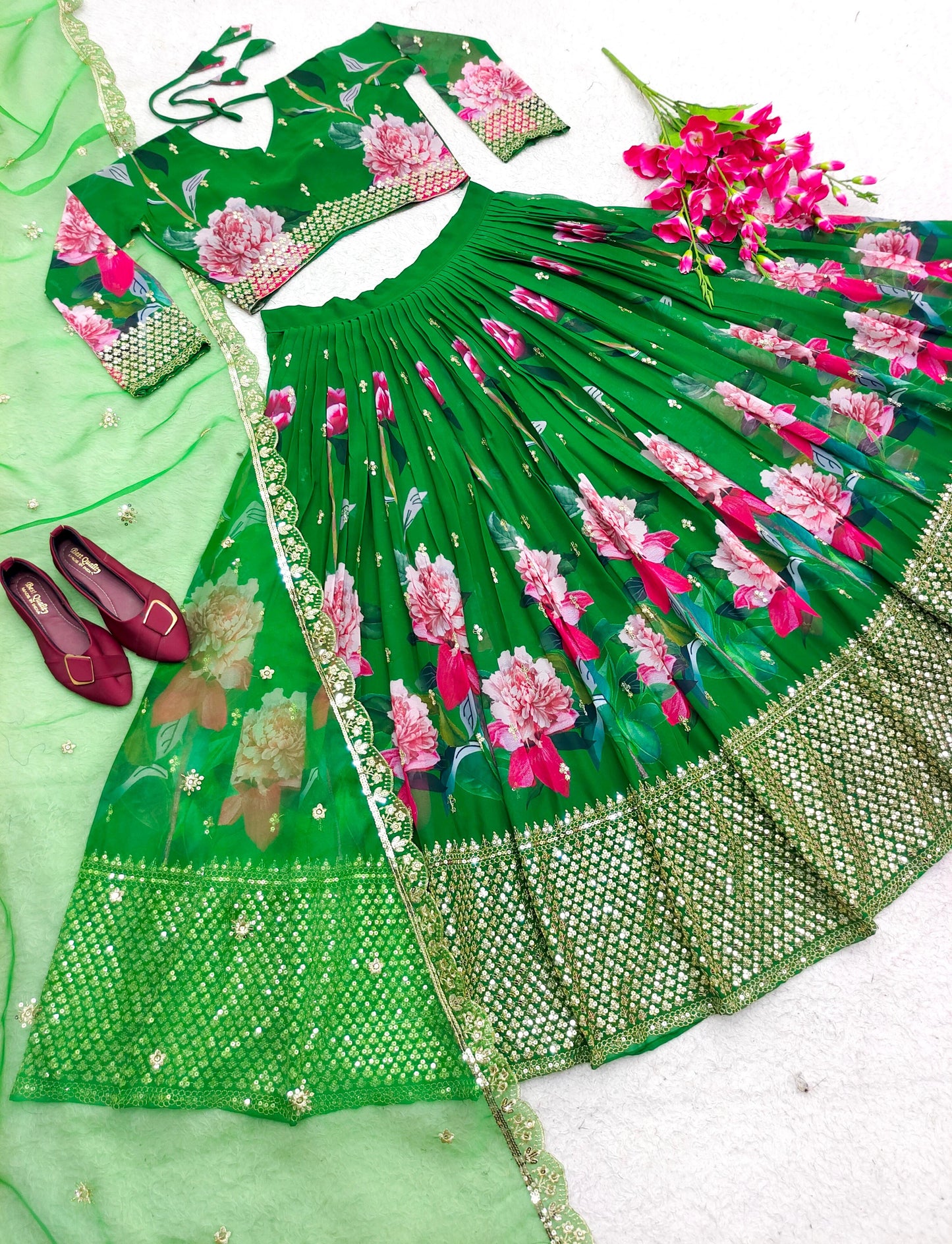 Fabulous Digital Print Work Green Color Lehenga Choli