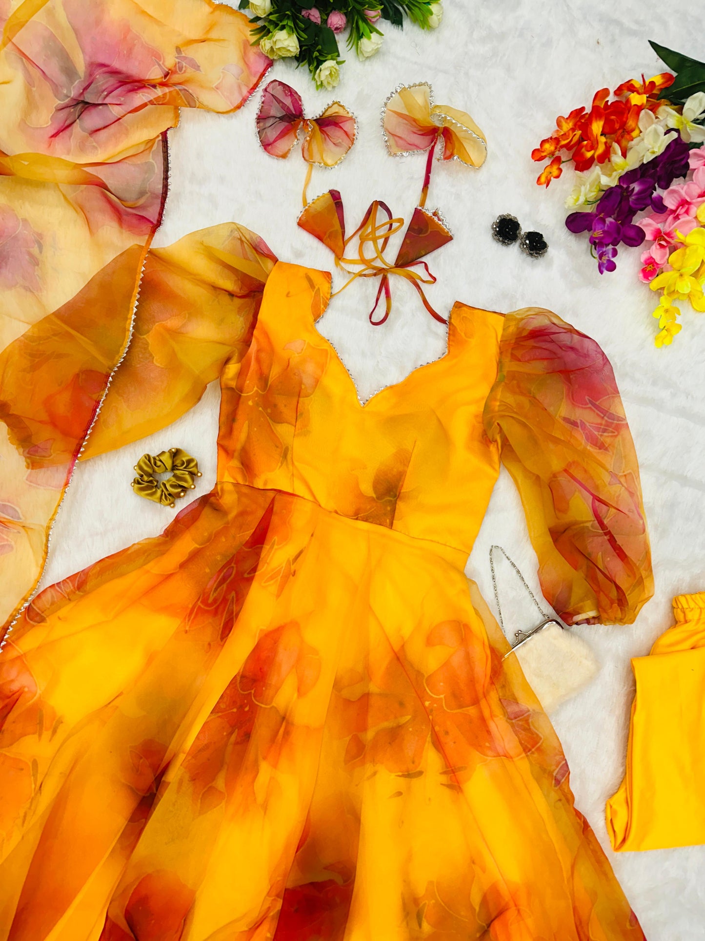 Digital Printed Organza Mustard Color Anarkali Suit