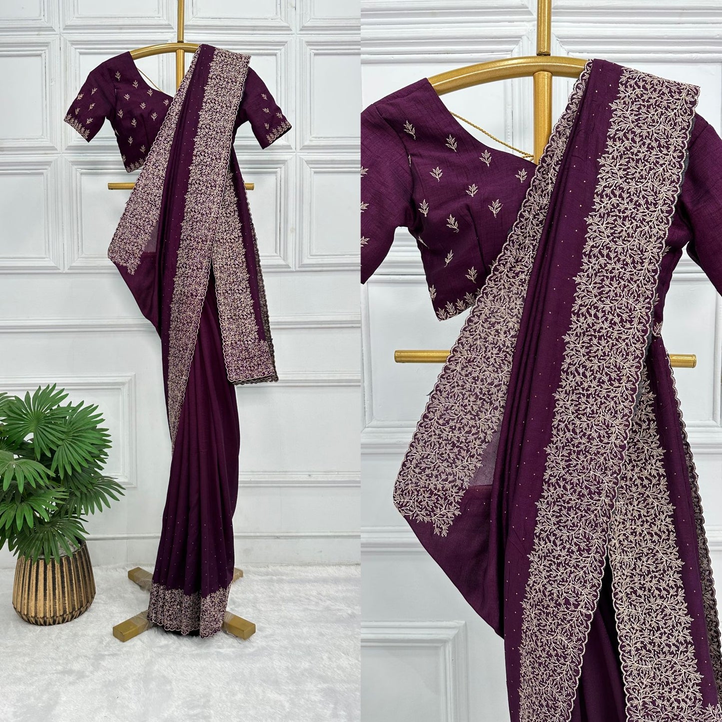 Superhit Diamond Embroidery Work Purple Color Saree