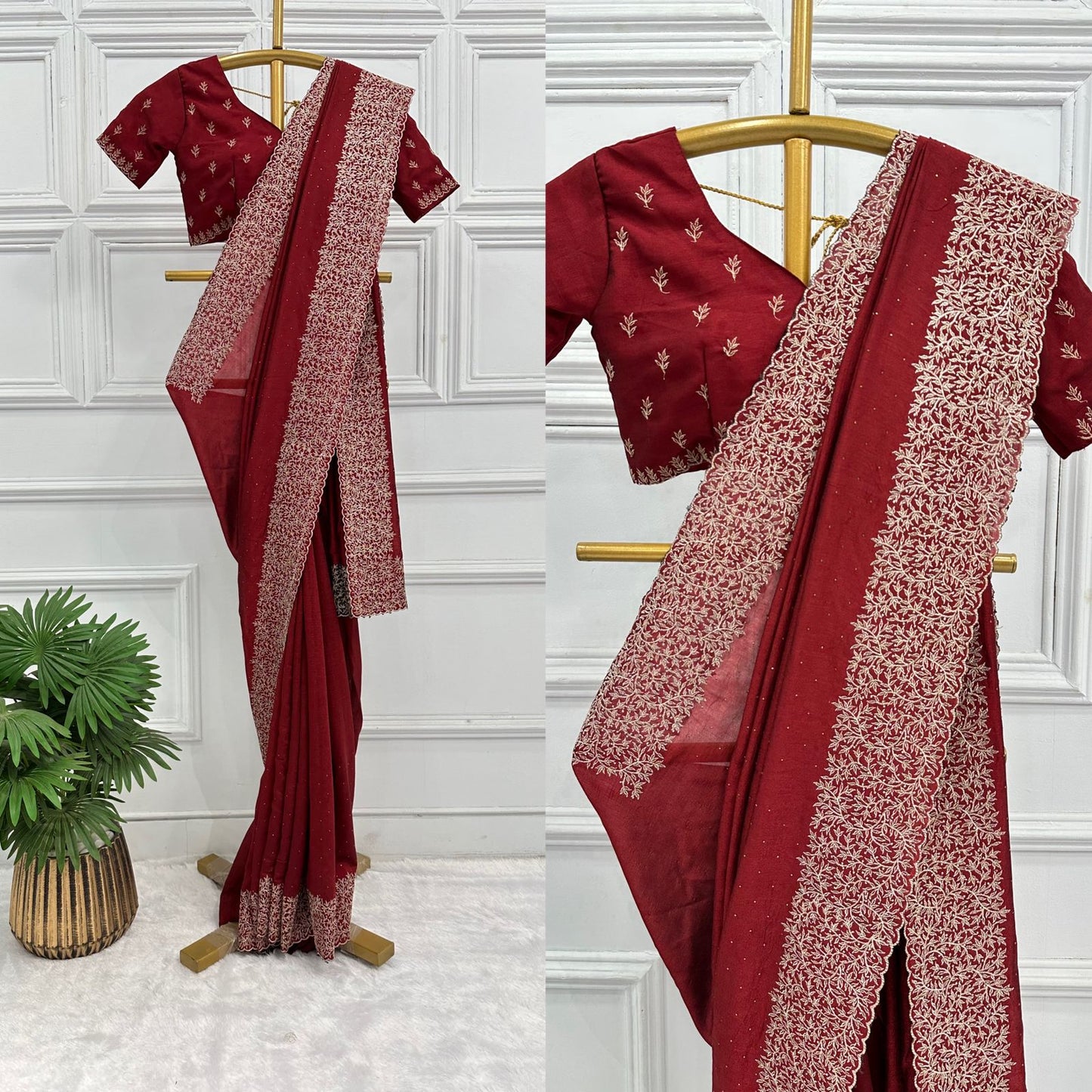 Superhit Diamond Embroidery Work Maroon Color Saree