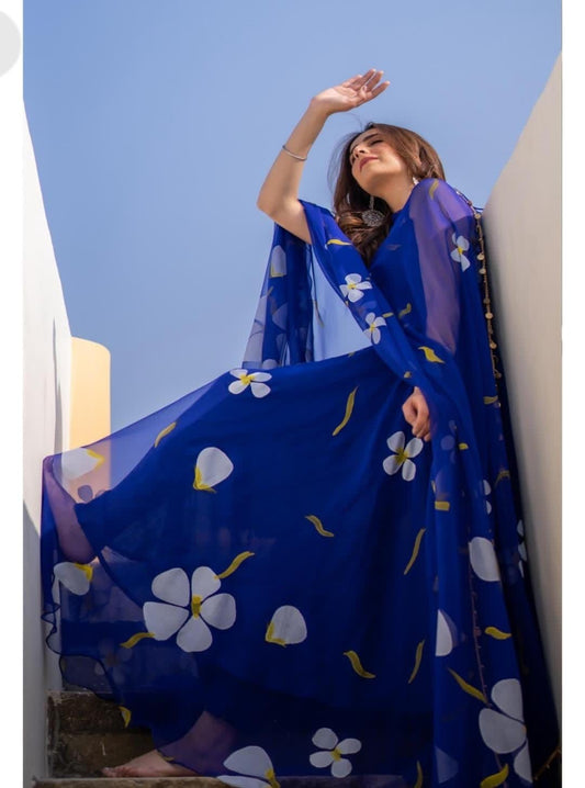Designer Georgette Printed Blue Color Gown