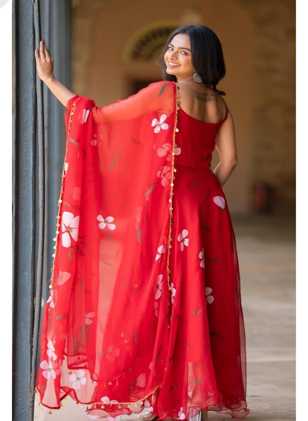 Designer Georgette Printed Red Color Gown