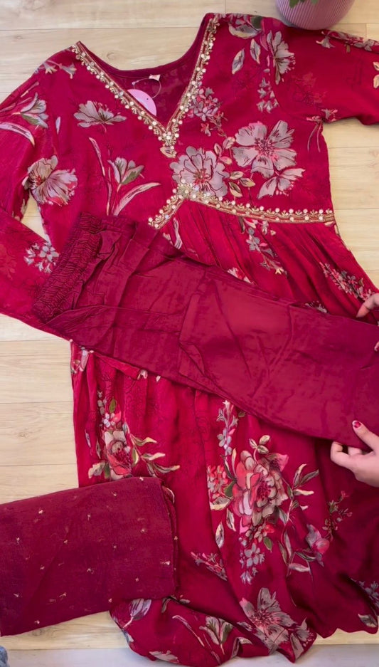 Fantastic Handwork with and Digital print Red Color Aliya Cut Suit