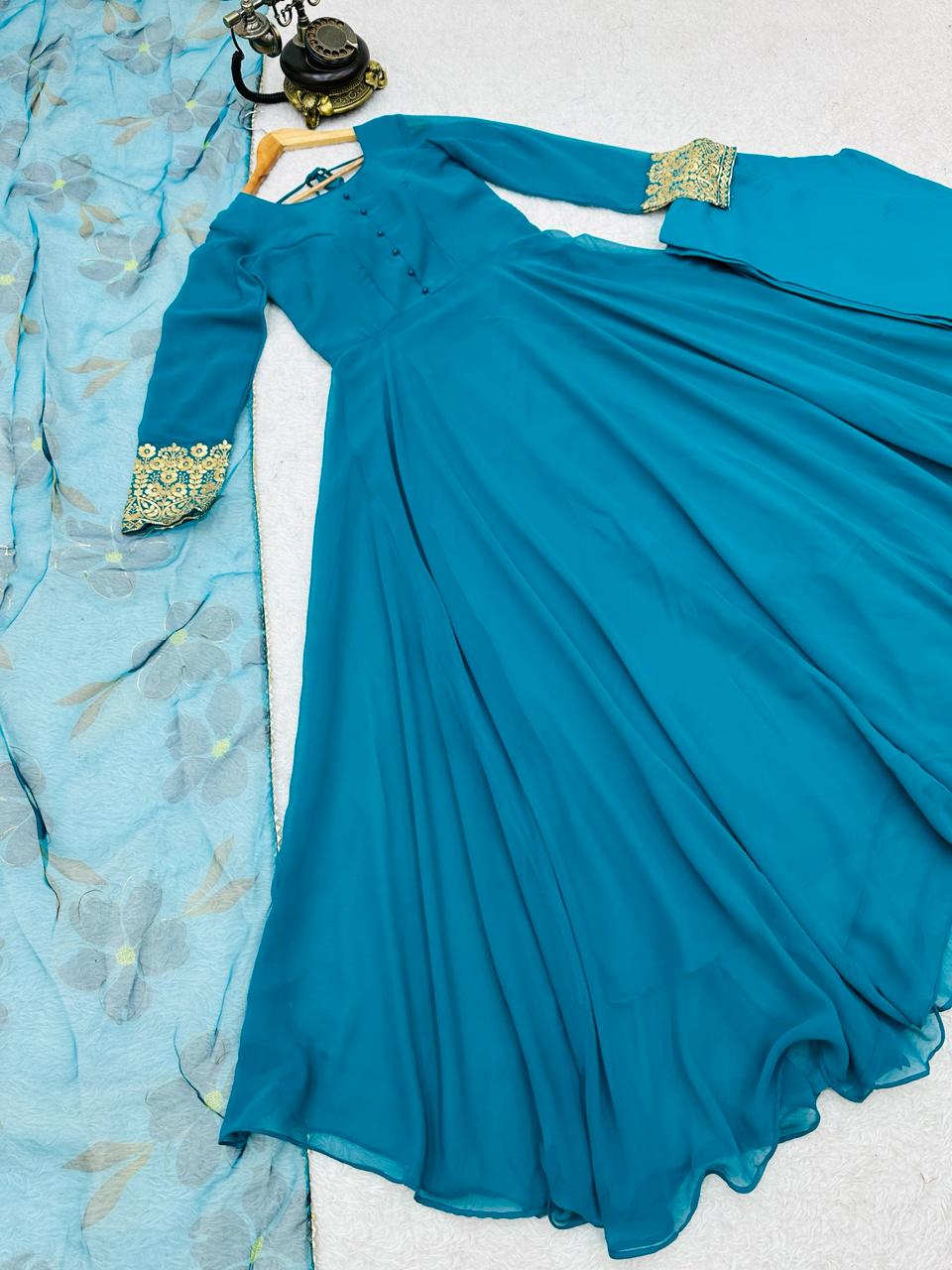 Plain Teal Blue Color Gown With Floral Print Dupatta