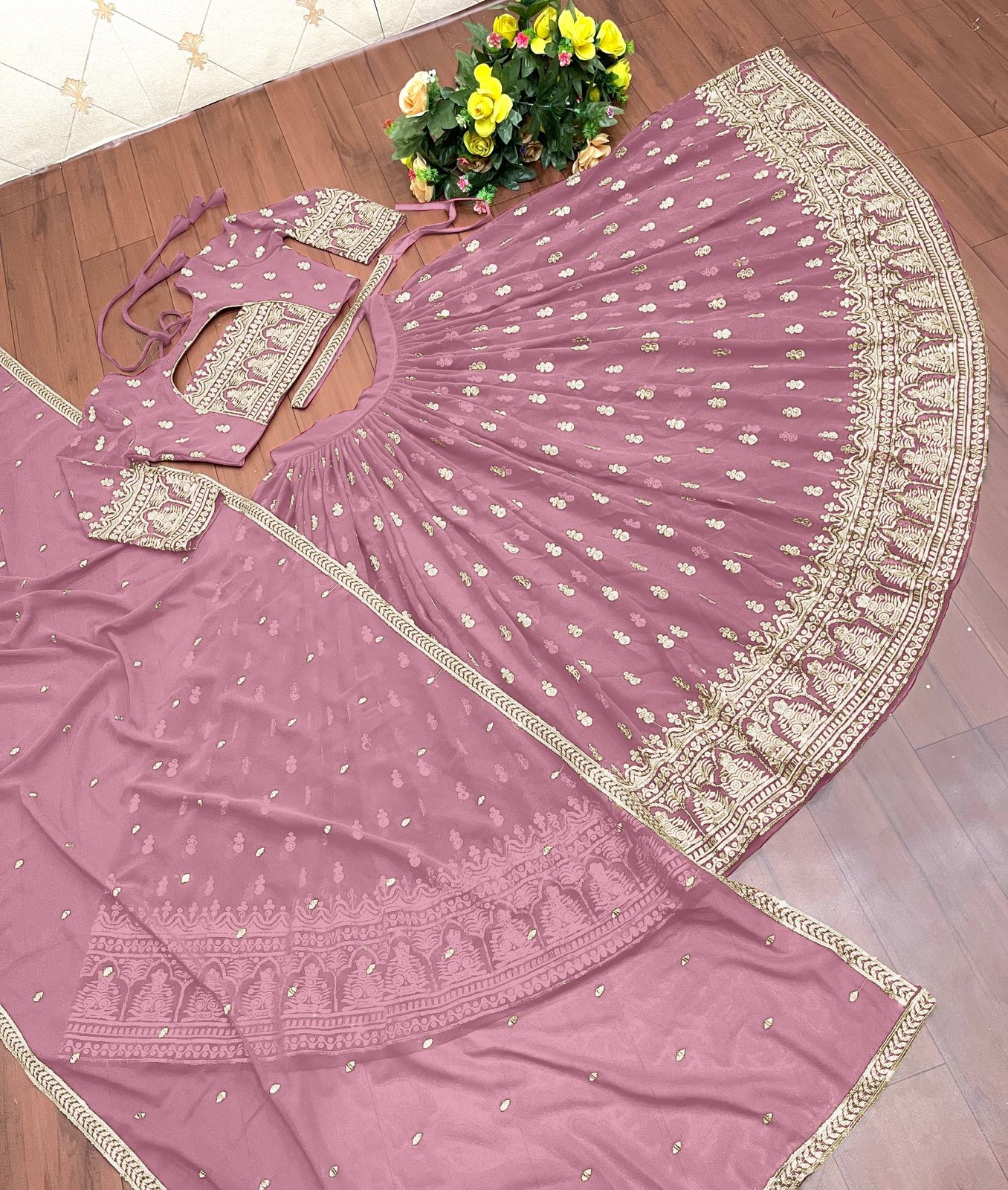 Fantastic Embroidery Work Dusty Pink Color Lehenga Choli