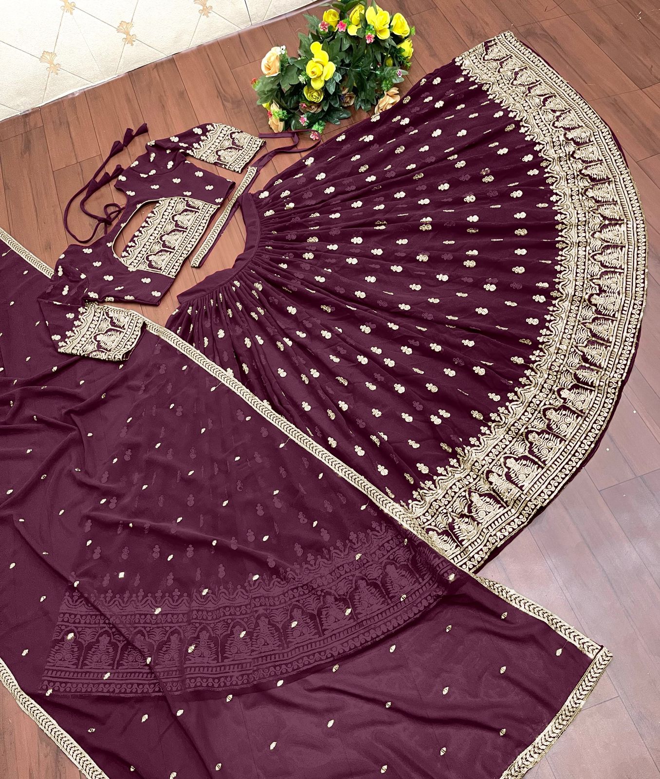 Fantastic Embroidery Work Wine Color Lehenga Choli