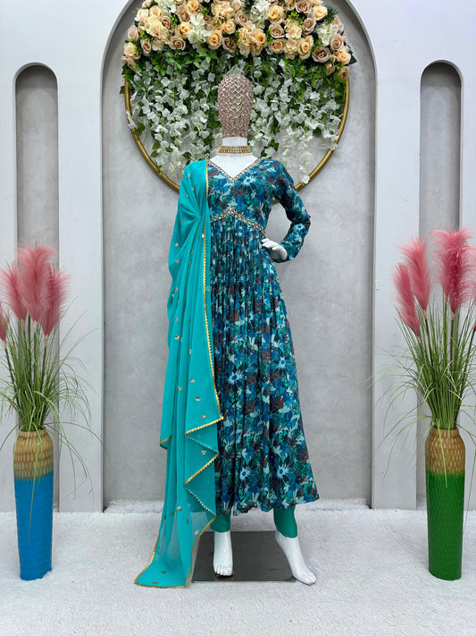 Captivating Handwork with and Digital print Blue Color Anarkali Suit