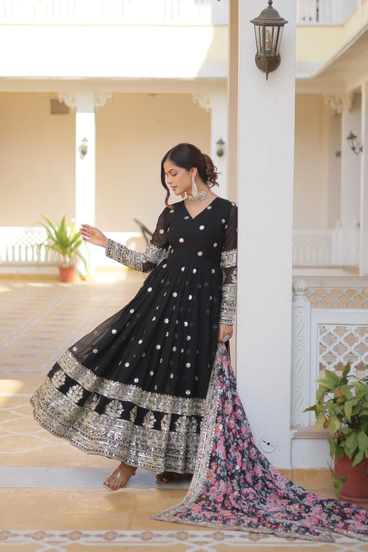 Outstanding Embroidery Zari Sequins-work Black Color Gown