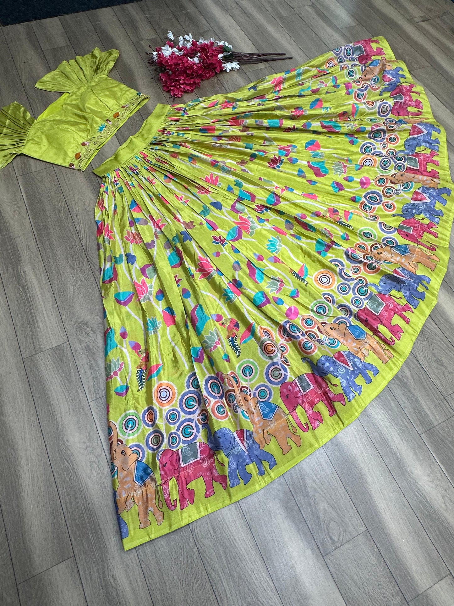 Fancy Sleeve Parrot Green Printed Crop Top Lehenga Choli