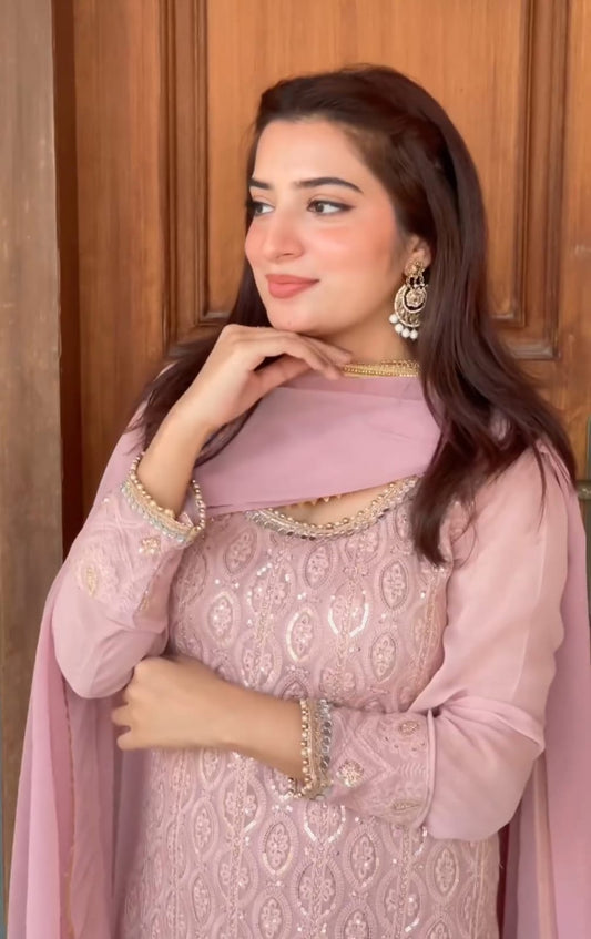 Luxuriant Embroidery Sequence Work Pink Color Sharara Suit
