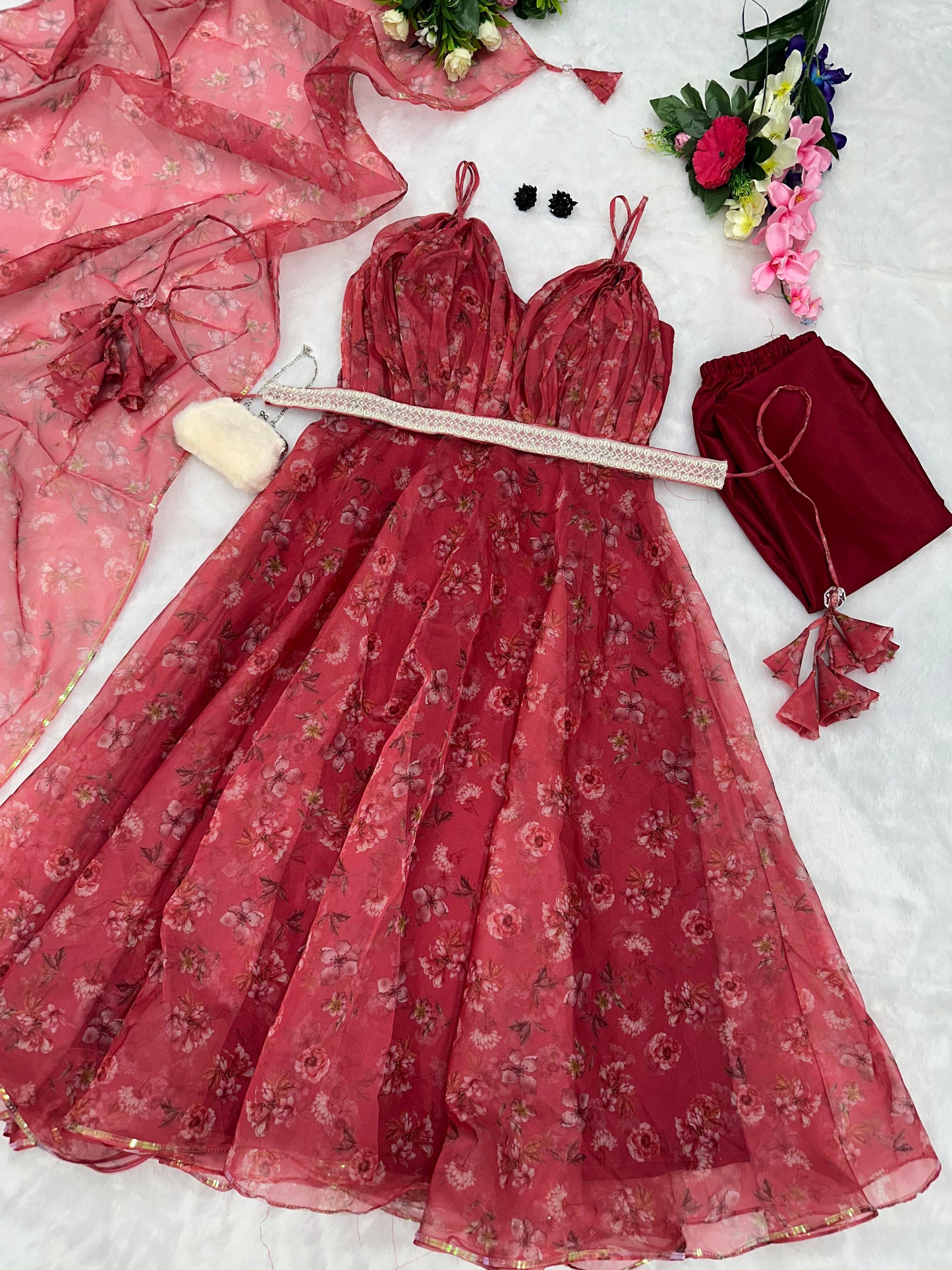 Exclusive Maroon Color Printed Organza Anarkali Suit