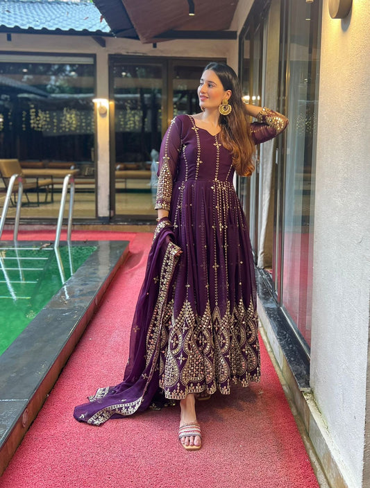 Embellished Party Wear Sequence And Embroidery Work Purple Color Long Gown