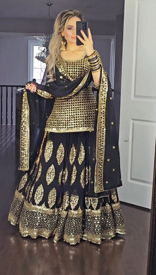 Embellished Sequence Embroidery Work Black Color Lehenga With Top