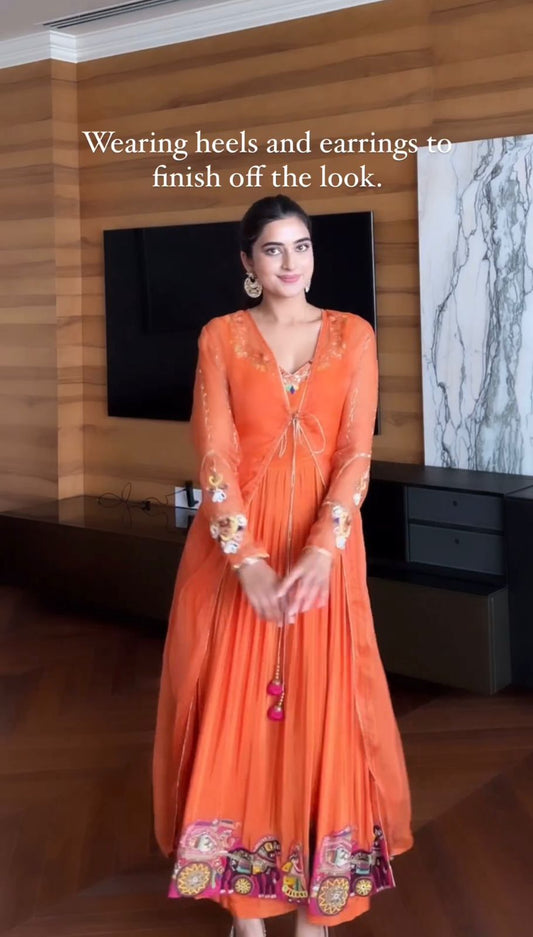 Elegant Thread work With Sequence Orange Color Long Gown With Shrug