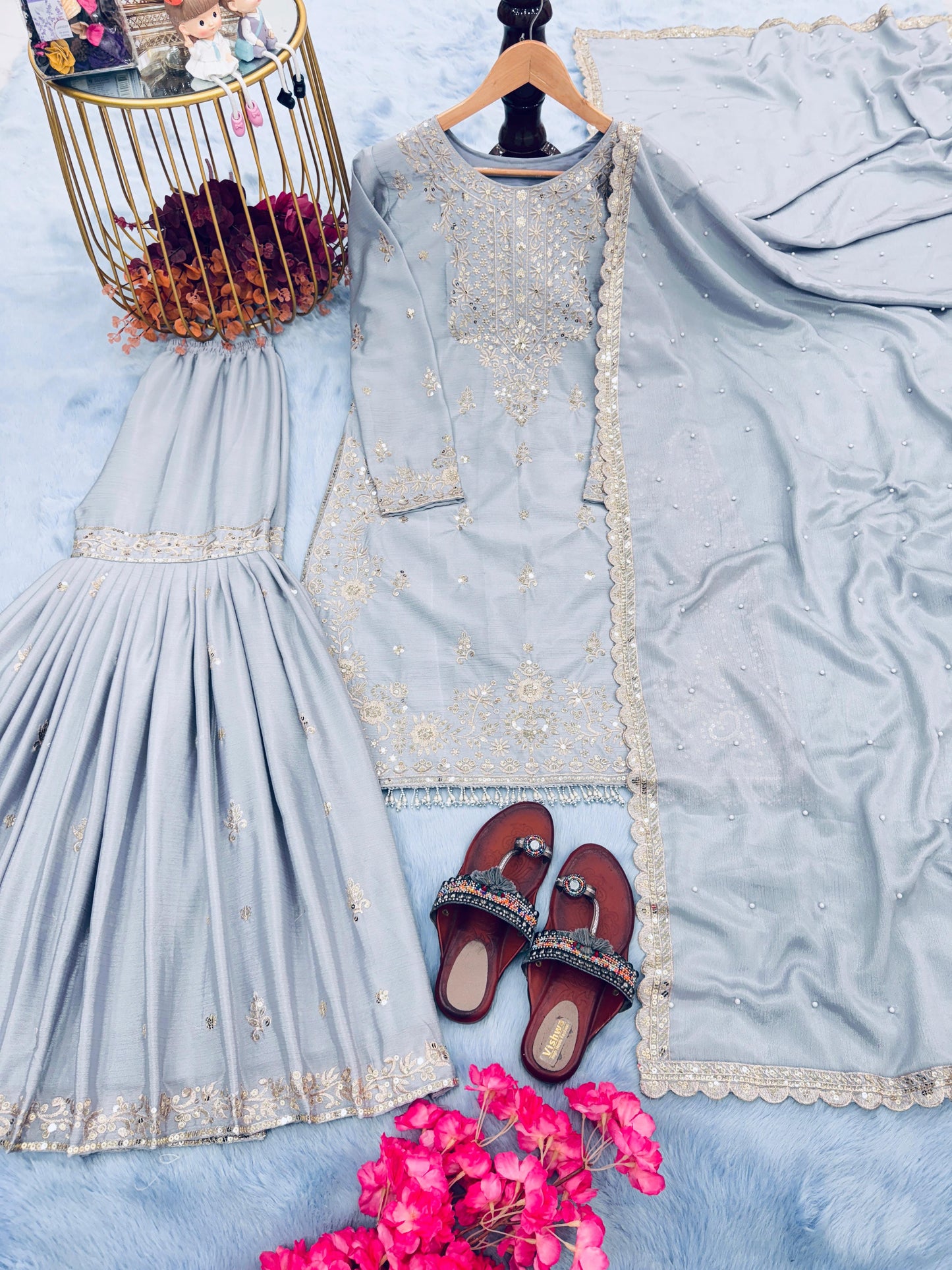 Presenting Embroidery Sequence Work Grey Color Sharara Suit