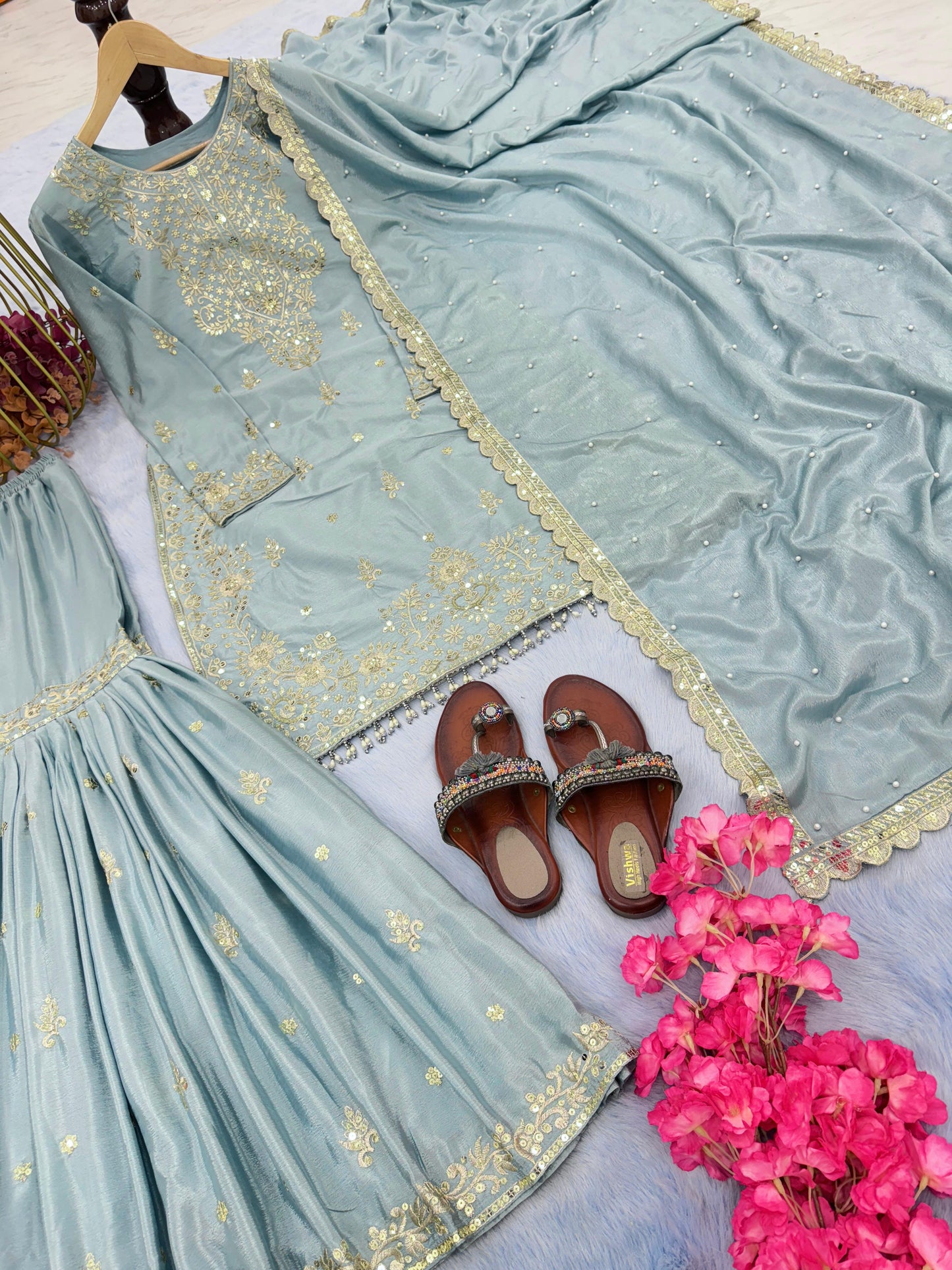 Presenting Embroidery Sequence Work Piasta Color Sharara Suit