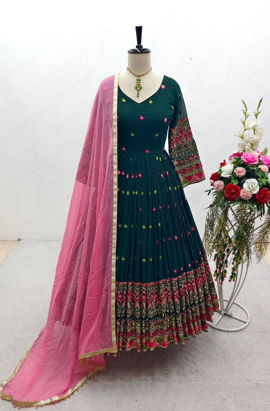 Designer Sequence Embroidery Work Green Color Long Gown