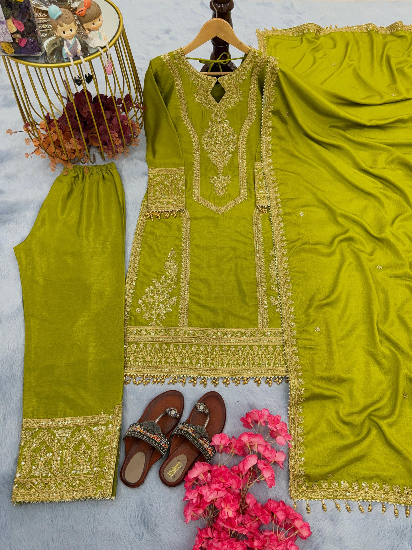 Beautiful Embroidery Sequence Work Perrot Color Anarkali Suit